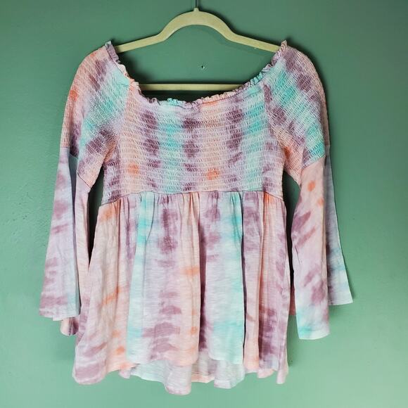 Torrid Women's Multicolor Babydoll Smocked Off Shoulder Bell Sleeve Top Size 1 - Picture 2 of 6